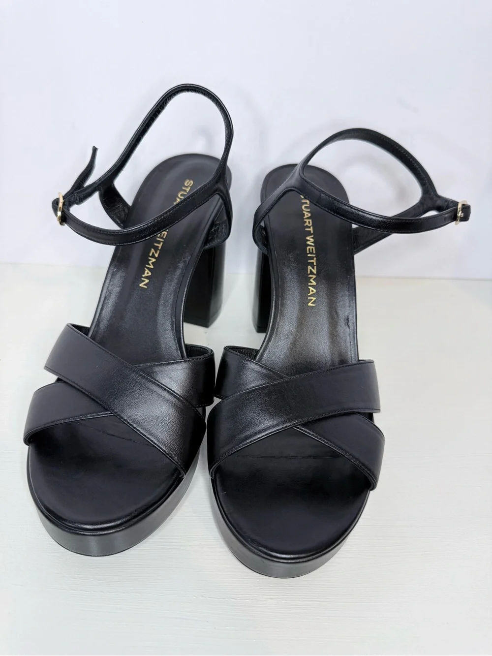 Stuart Weitzman Dayna Black Leather Platform Block Ankle-Strap Sandals 9.5 B